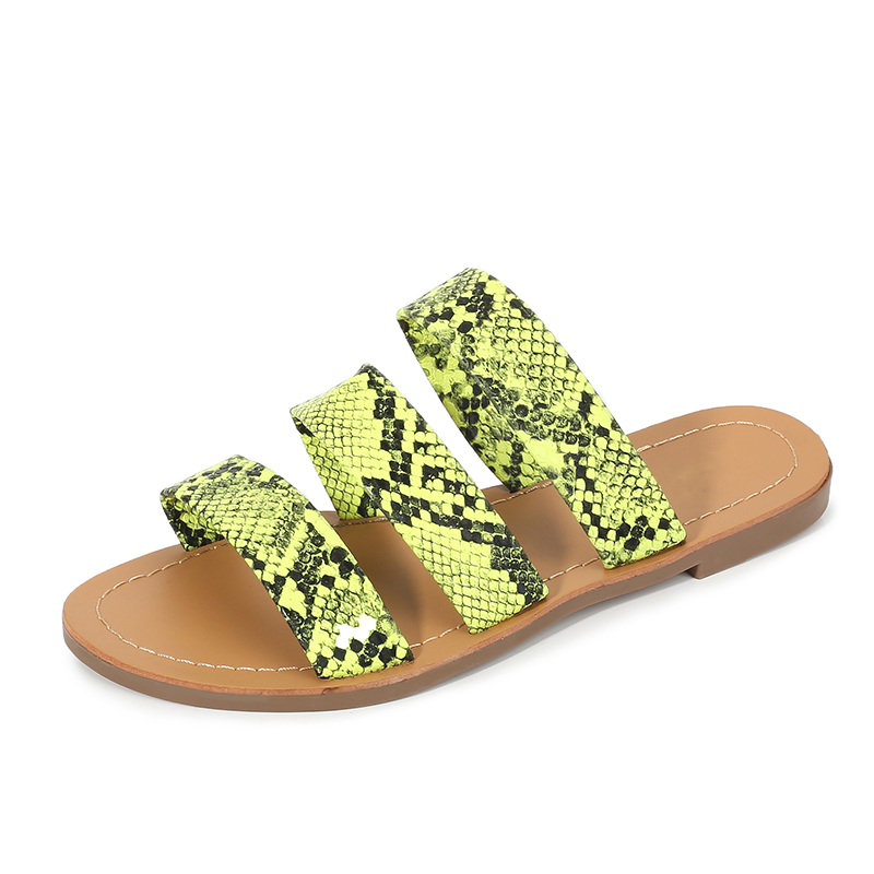 

2020 Summer Women Serpentine Flat Slippers Casual Snake Skin Prom Flat Slippers Neon Green Pench Shales Slide Large Size Shoes, Brown