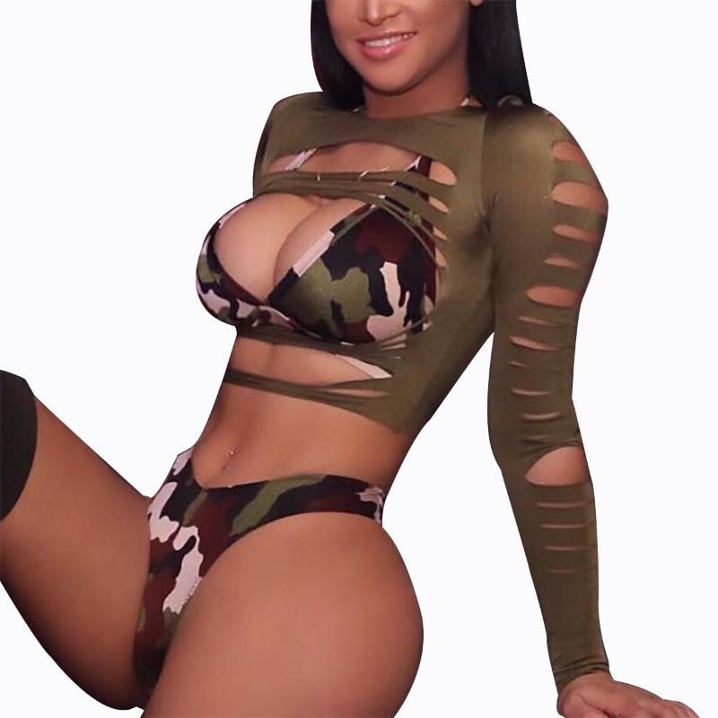 

3 Pieces Ripped Long Sleeve Camouflage Bikini High Leg Cut Swimsuits For Woman 2020 Summer High Waist Swimwear Female Bath Suit