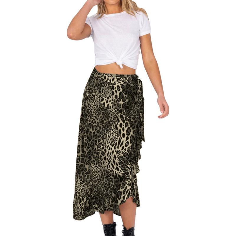 

Women Vintage Leopard Print Elastic Waist Skirt Gothic Bandage Ruffles Hem Tight Skirt Sreet Style Summer Skirts Jupe Femme, Brown