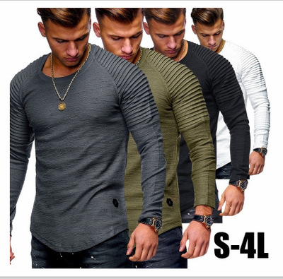 

New Fashion Men' Round Neck Slim Solid Color Long-sleeved T-shirt Striped Fold Raglan SleeveT shirt Men Tops Tees, White
