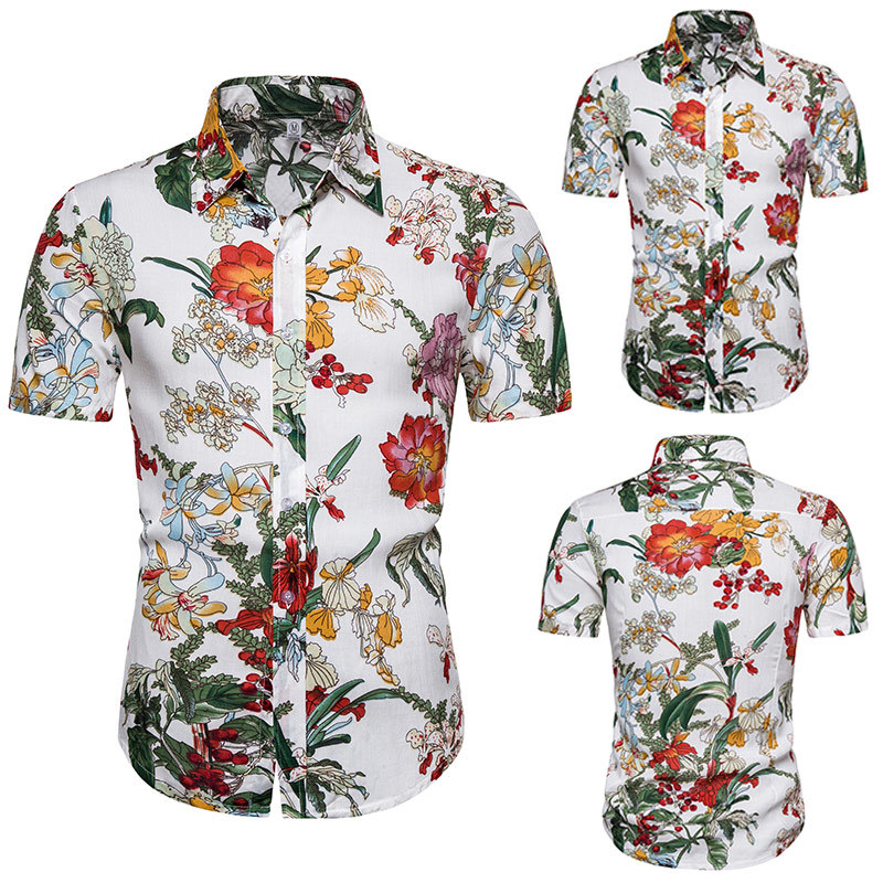 

Summer Men Short Sleeve Shirts Flower Print Hawaiian Shirt Casual Slim Fit Cotton Men Tops Brand Mens Clothing Chemise Homme 3XL, Blue