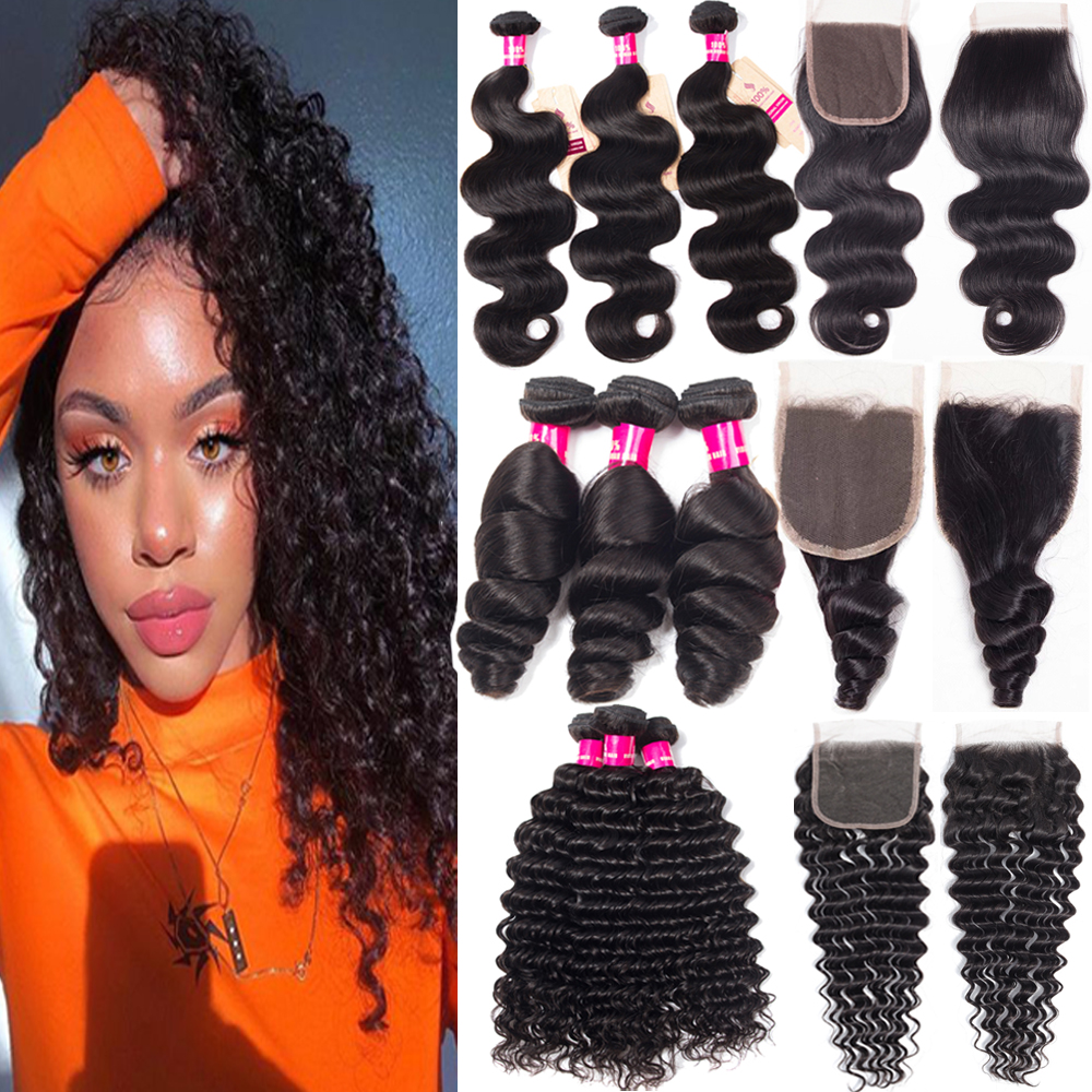 

9A Brazilian Human Hair Bundles With Closure 4 Bundles With 4X4 Lace Closure 100% Unprocessed Deep Wave Kinky Curly Loose Wave Water Hair, Body wave