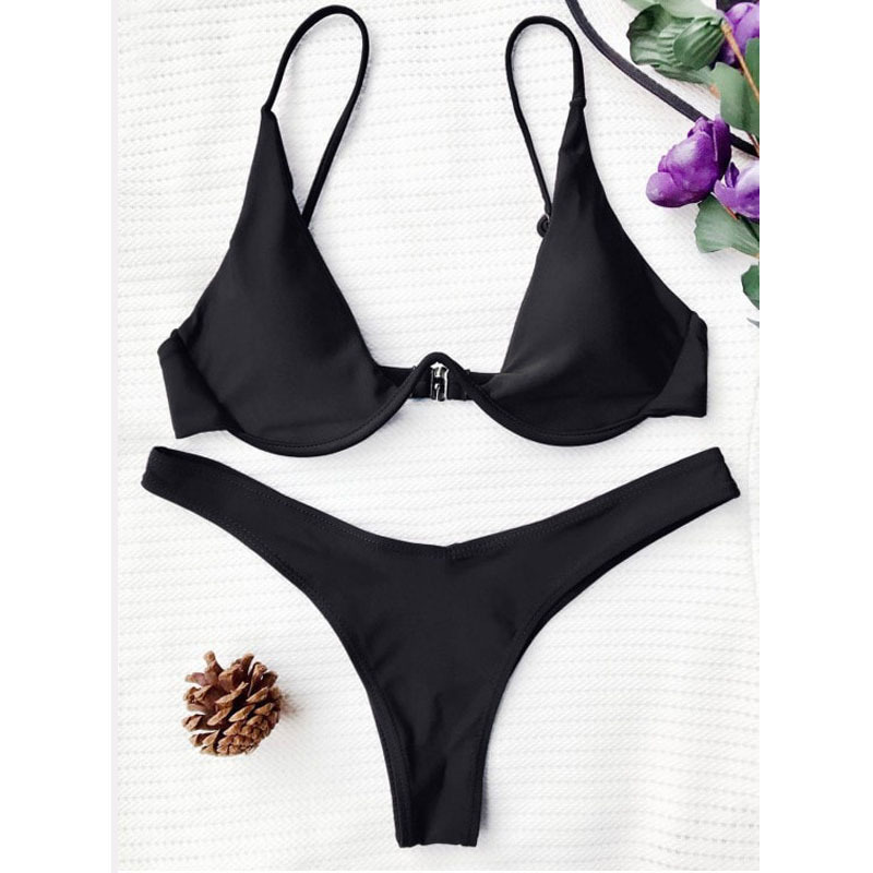 

2020 new women' swimwear fashion explosions gathered underwire swimwear split solid color bikini ladies bikini Size -L, Black