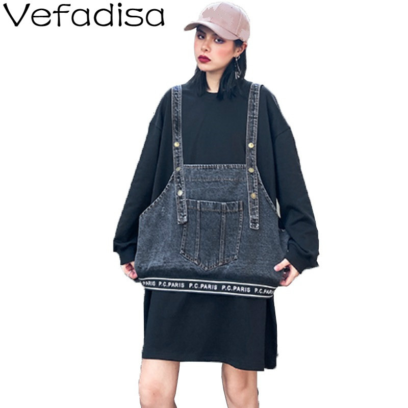 

Vefadisa Solid Black Sweatshirt Dress Woman 2020 Spring O-Neck Pullovers Sweatshirt Dress Loose Denim Straps Coat QYF1589