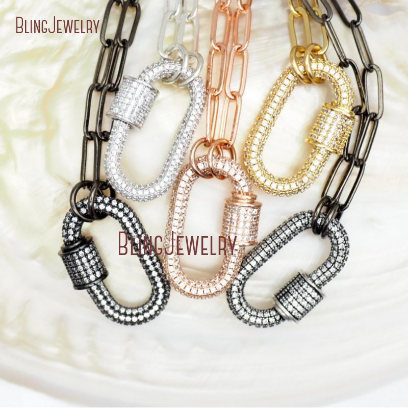 

Chains Paper Clip Chain Choker Necklace Oval CZ Carabiner Lock Screw Clasp NM31013