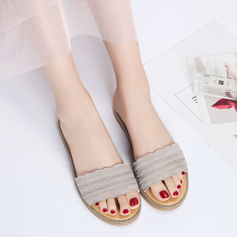 

2020 Summer Slippers Women Flat Platform Sandals Shoes Beach Shoes Slip-on Round Toe Leather Suede Slides Flip Flops, 570 apricot