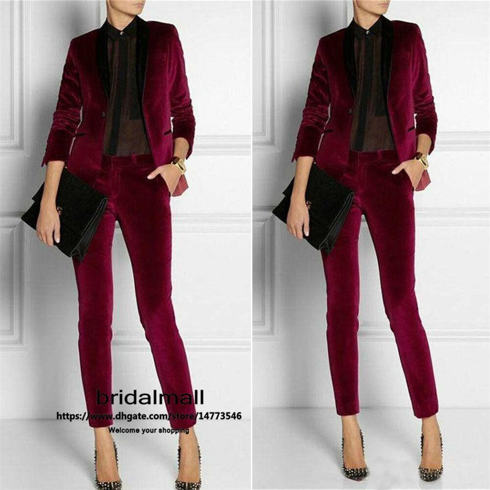 

Burgundy Velvet Women Ladies Pants Suit 2 Pieces Mother of the Bride Suits Formal Business Women's Office Dress For Wedding Jumpsuits