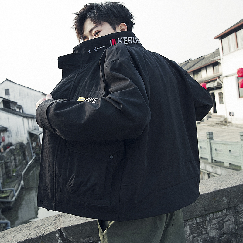 

Men's jacket spring and autumn 2020 new Korean version of the trend handsome wild student clothes plus velvet casual jacket, Black