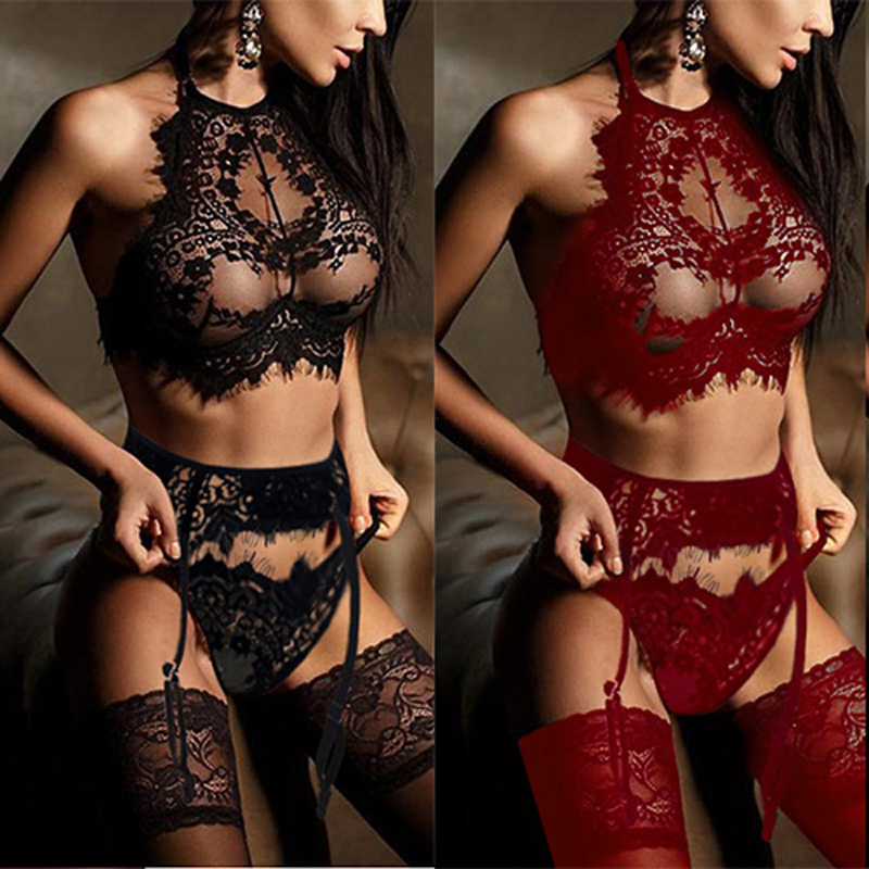 

M-3XL Lingerie Sexy Hot Erotic Lace Bra Garter G-string Baby Dolls Women Plus Size lenceria sexy mujer sexi Underwear Costumes, Black