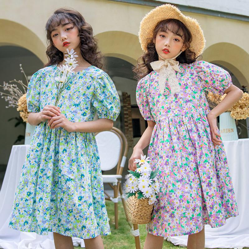 

Big Girls Summer Retro Party Dress Children Floral Clothes Kids Cute Puff Sleeve Princess Dresses Baby Girls Cotton Dress, Green