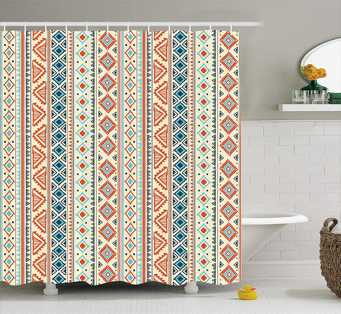 

Tribal Shower Curtain Mexican Style Aztec Patterned Retro Hand Drawn Design Abstract, Fabric Bathroom Decor Set