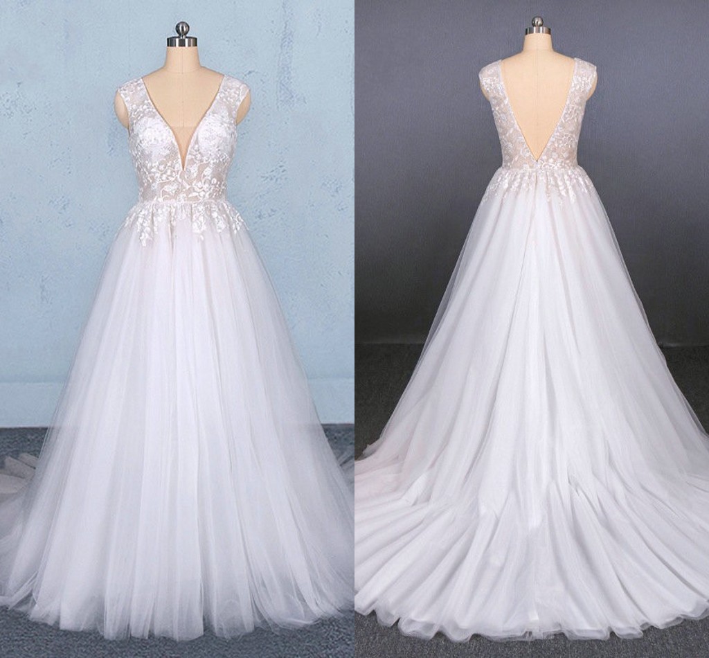 

Real Image Double V-neck A-line Wedding Dresses 2020 New Lace robes de mariée vestidos de novia Party Bridal Dress Wedding Gowns, Champagne
