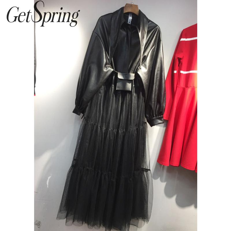 

GetSPring Women Leather Coat Mesh Spliced Women Leather Trench Temperament Black Windbreaker Loose Long PU Overcoat 2020