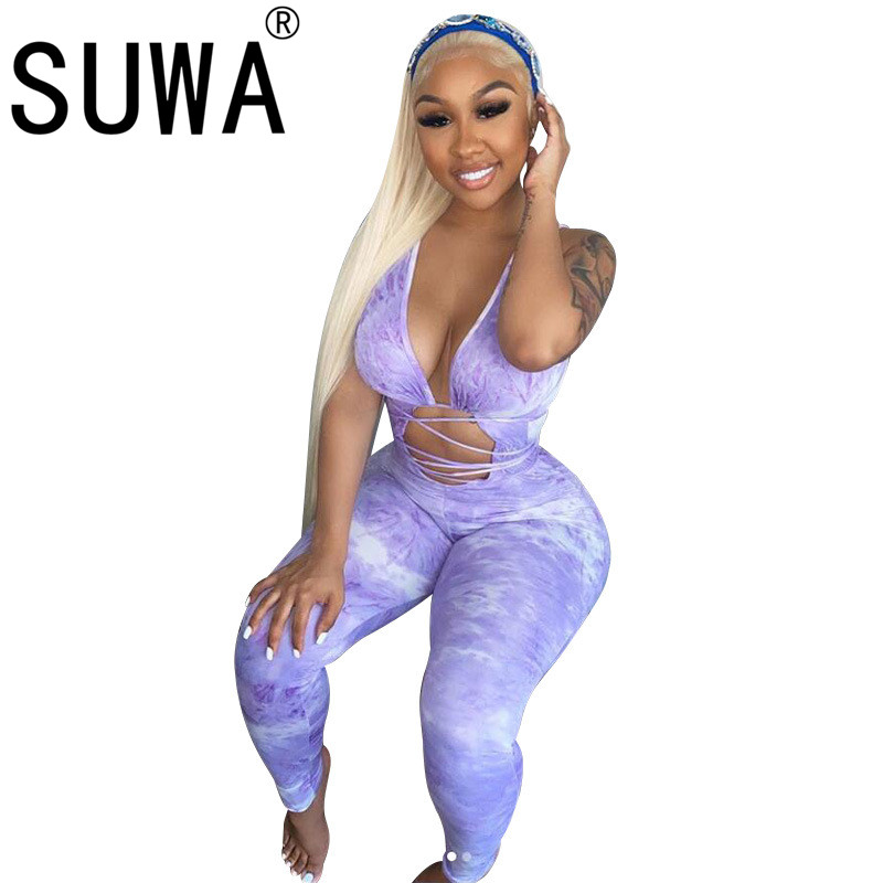 

2020 cool girl necessary purple print halter deep v neck jumpsuits sexy tight high street lady fashion women playsuits, Lavender