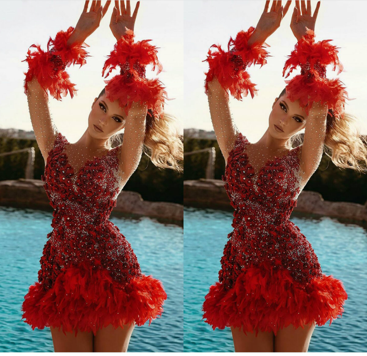 Rouge perles court Robes de bal Feather dentelle florale 3D fleurs formelle robe de soirée 2020 Une ligne spéciale arabe Robes De Soirée