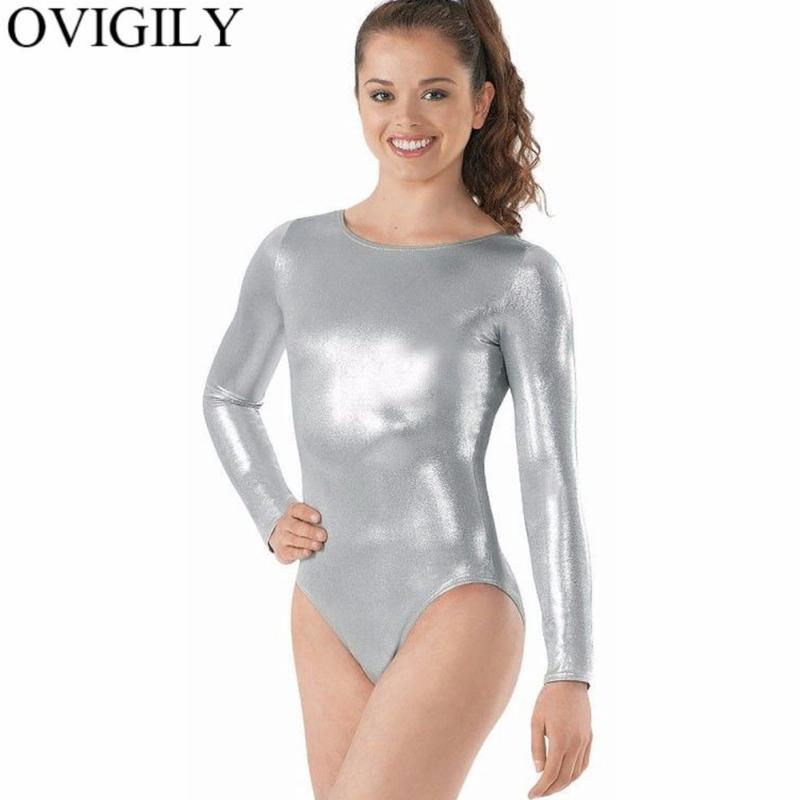 

OVIGILY Metallic Dance Leotard For Women Shiny Scoop Neck Bodysuits Adults Long Sleeve Ballet Leotards For Girls Gymnastics Team, Black