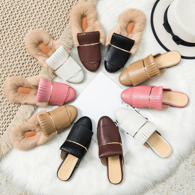 

fur slides Muller shoes 2020 new outdoor wild casual fur slippers female lazy shoes flat half slippers women's, Black