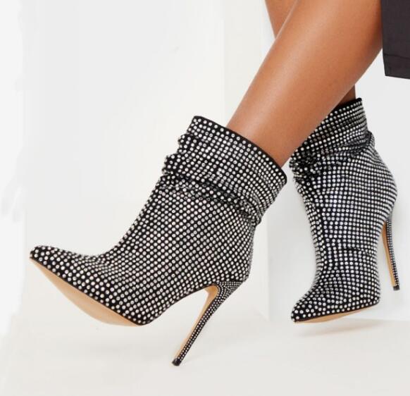 

Moraima Snc Sexy Pointed Toe Woman High Heel Shoes Crysatl Embellished Thin heels Ankle Boots Runway Big Size Boots, Black