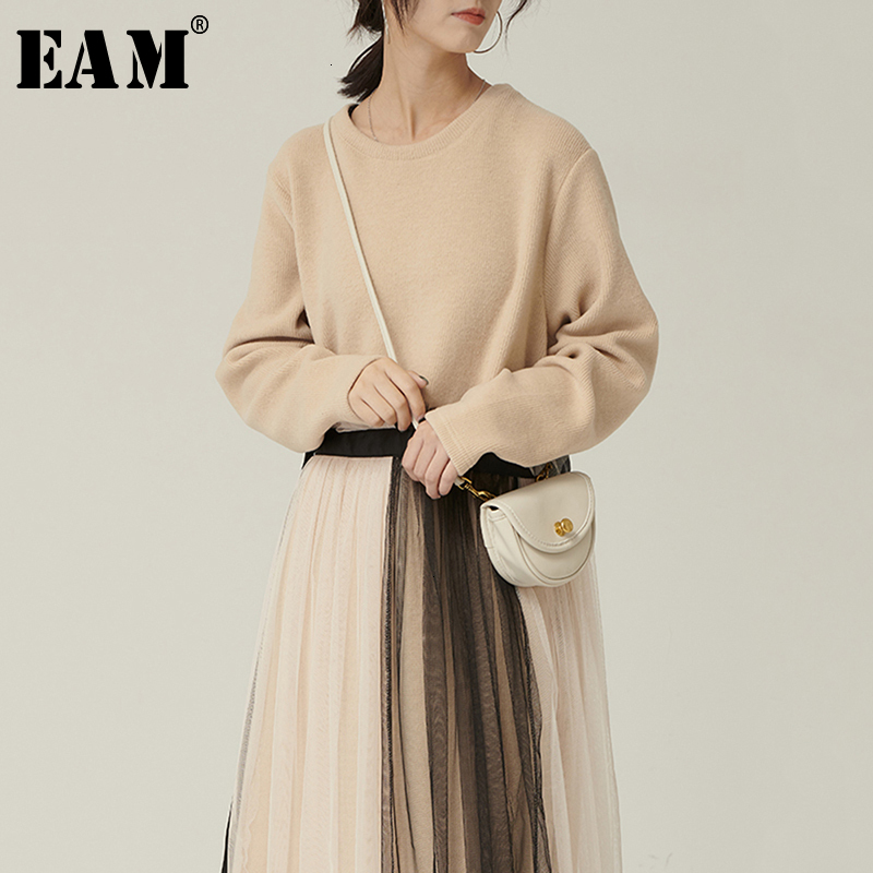 

[EAM] Women Apricot Mesh Split Joint Temperament Dress New Round Neck Long Sleeve Loose Fit Fashion Spring Autumn 2020 1M971, Black