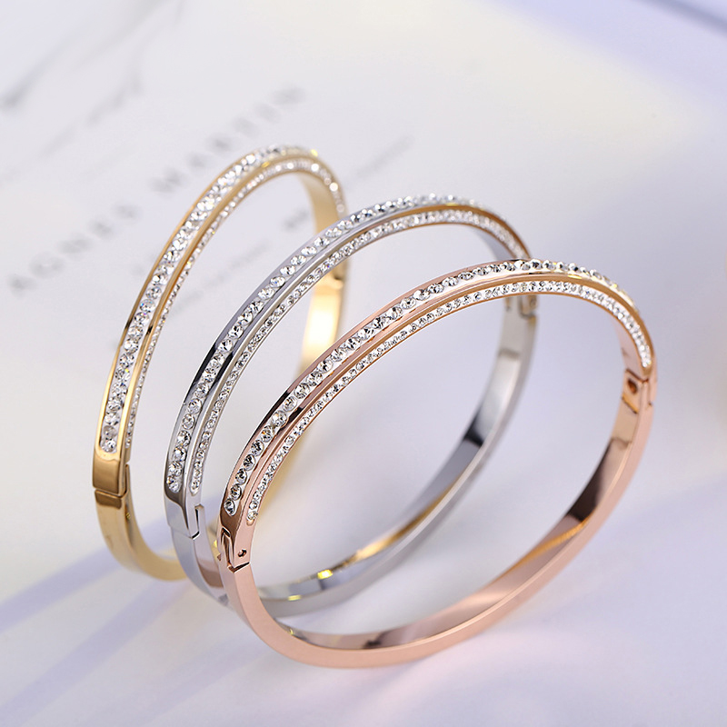 

Austrian Crystals Cuff Bracelets Stainless Steel Fahison Bridal Gold Bracelets Thin Bangles Elegant Jewelry, Black