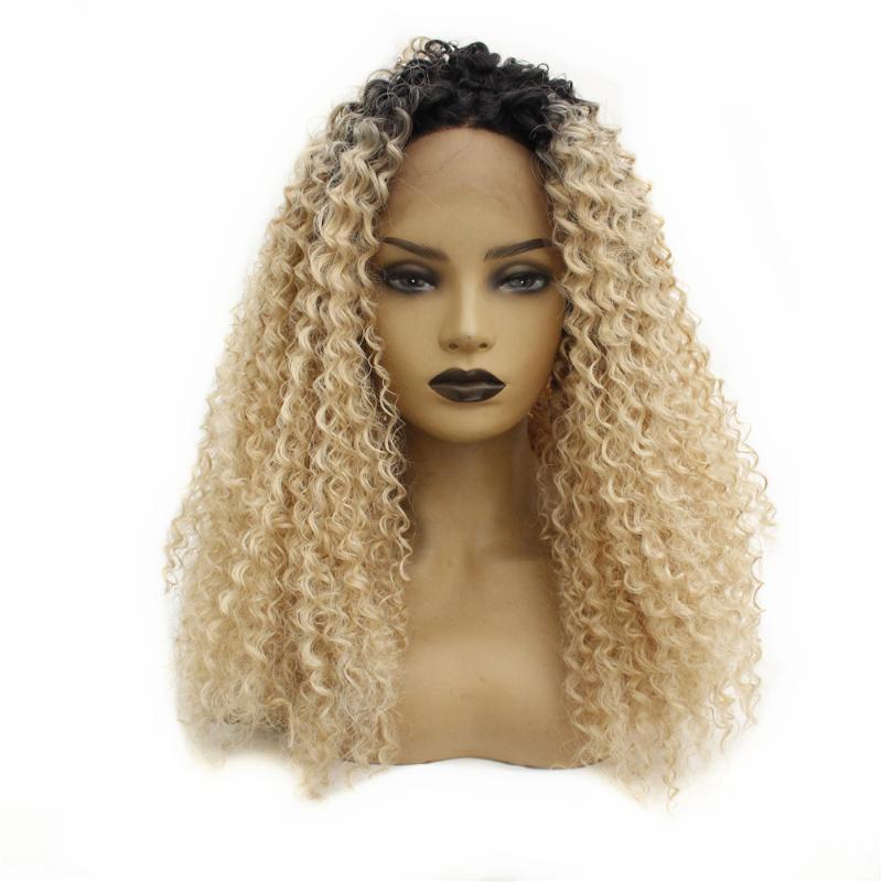 

Dark Roots Ombre Blonde Long Afro Kinky Curly Hair Glueless Synthetic Lace Front Wigs Heat Resistant Fiber Hair for Women, Ombre blue