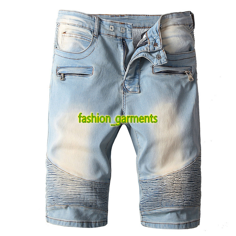 

Fashion European and American Style Mens Denim Shorts Mens Summer Old Slim Straight Pants Mens Hole Folds Zipper Motorcycle Denim Shorts, Blue #8527