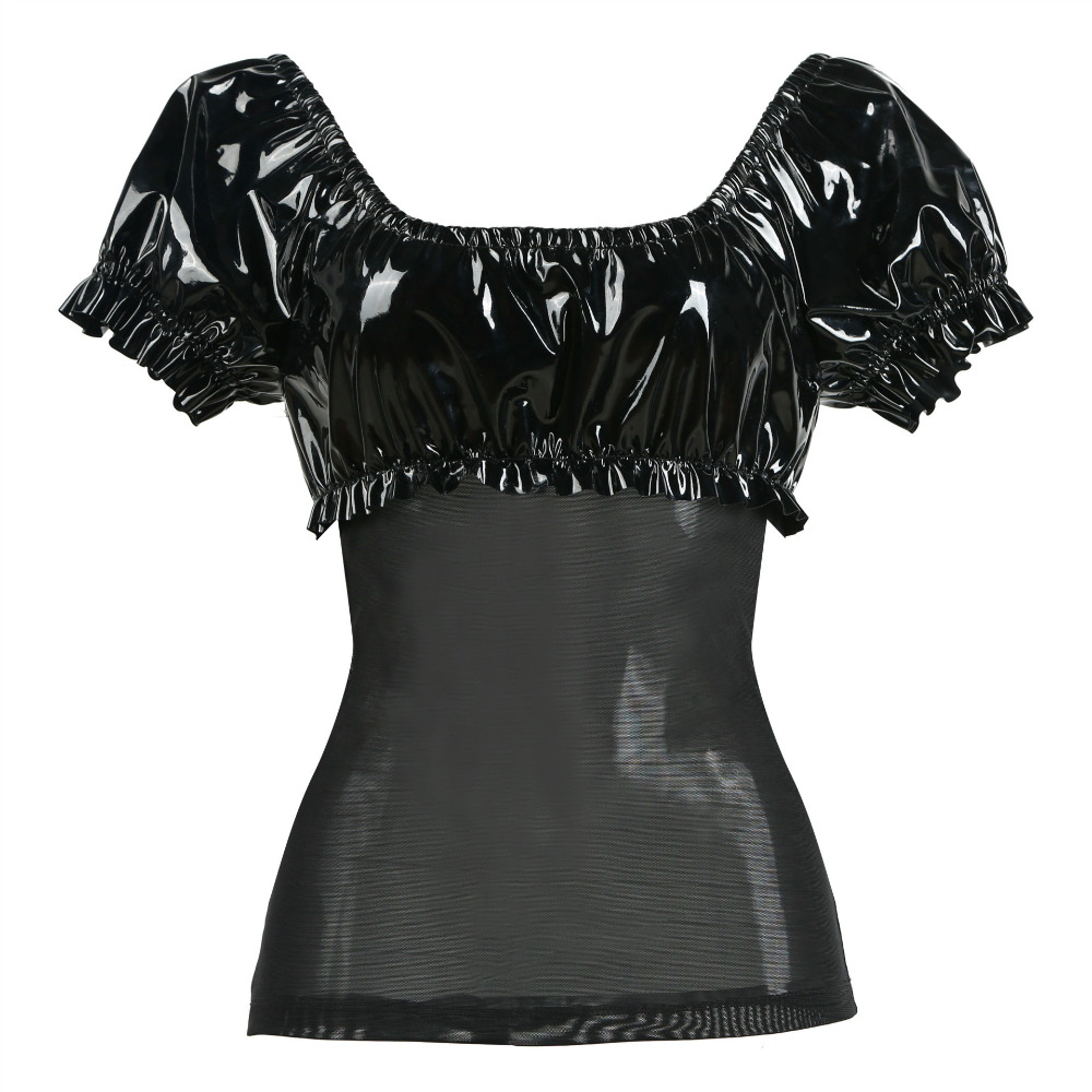

2017 Faux Leather Tank Top Plus Size PVC Lingerie Fetish Bondage Leather Costume Clubwear Sheer Mesh Top, As pic