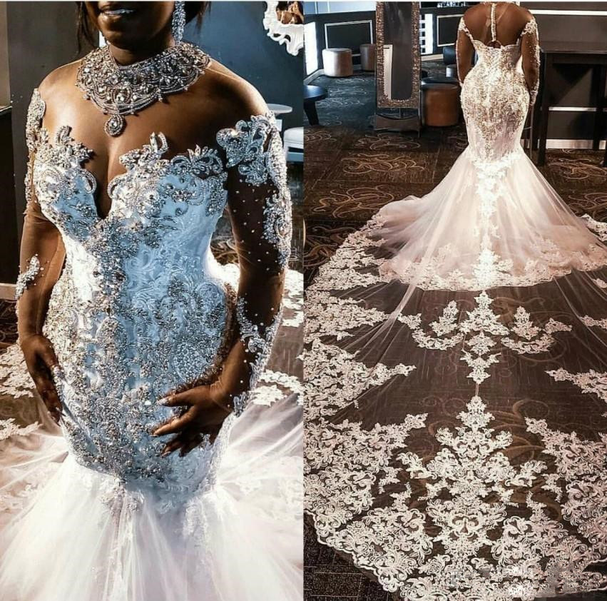 

Plus Size LUXURY Mermaid Wedding Dresses Beaded Lace Applique Tulle Bridal Party Dress Long Sleeves Wedding Gowns, Gold