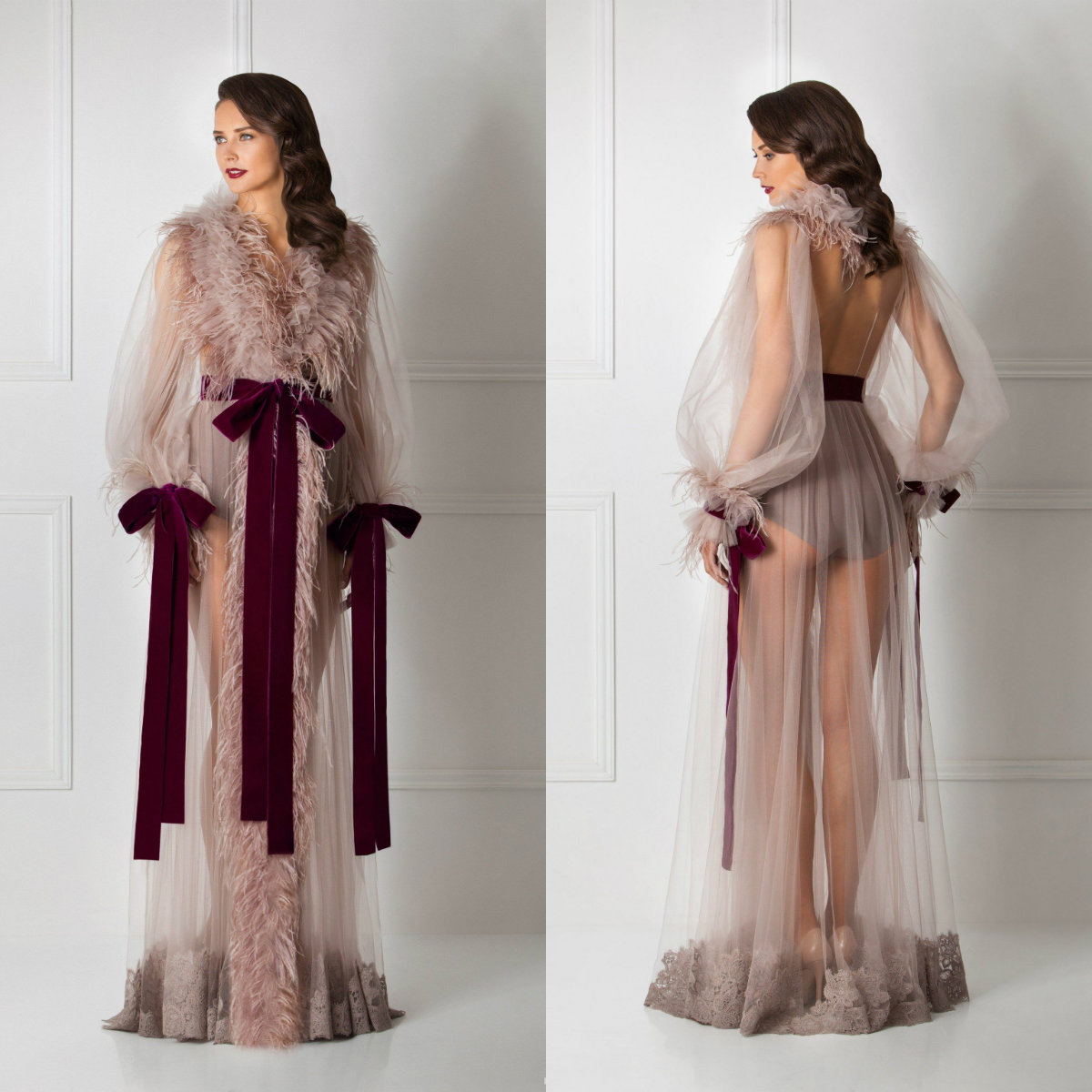 

Sexy Bridal Bathrobe Feather Full Length Lingerie Nightgown Pajamas Sleepwear Women's Luxury Dressing Gowns Housecoat Nightwear Lounge Wear
