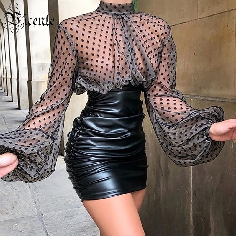 

VC Free Shipping 2020 Two Pieces Sets Dot Mesh Tops Elegant Puff Sleeves PU Skirt Celebrity Party Bodycon Skirt Suit, Black
