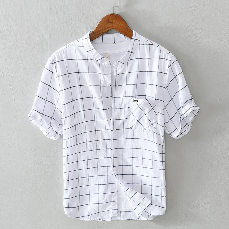 

Summer Men Plaid Shirt 100% Cotton 2020 Casual cool short Sleeve Shirt Soft Comfort Slim Fit Styles, White