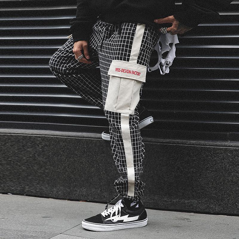 

sweatpants 2019 spring autumn new Fashion tide overalls loose hip hop plaid wide thin streetwear Free shipping Preppy Style, Black