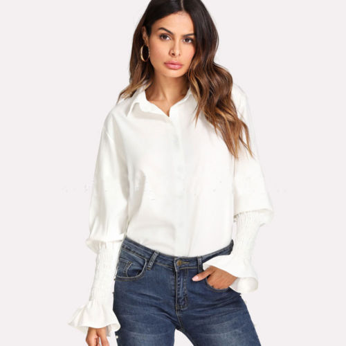 

Retro Elegant Women' Ladies Solid White Summer Horn Sleeve Shirt Loose Casual Blouse Tops Shirt Outwear hot new, As pic