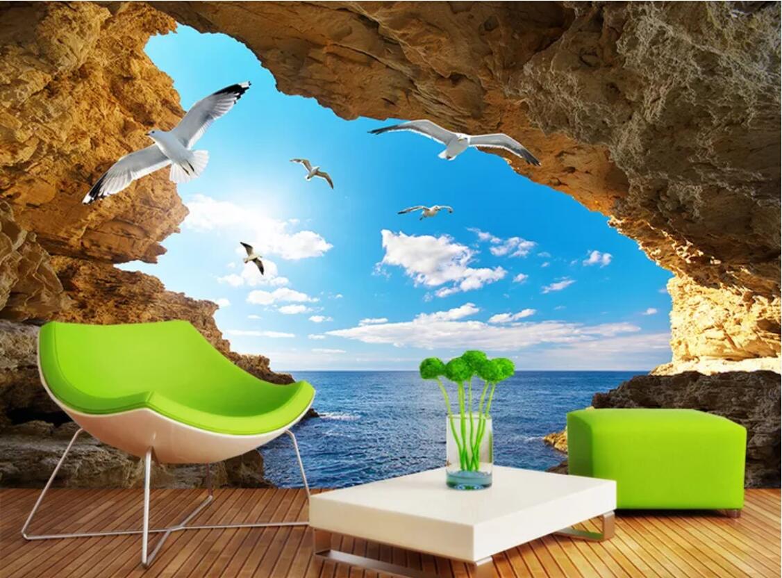 

3d room wallpaper custom photo mural Blue sky, white clouds, seagull landscape background wall art canvas wallpaper for walls 3 d, Non-woven fabric