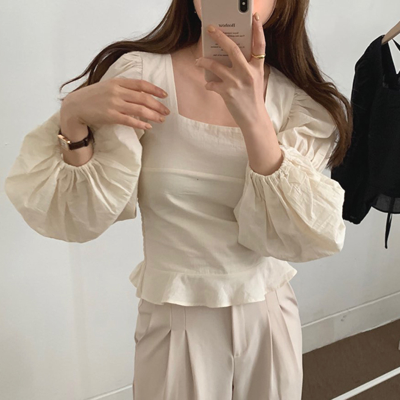 

Style Women Shirts Square Collar Solid Color Cotton Ladies Blouses and Tops Summer and Spring New 2020 Women Clothing, Beige