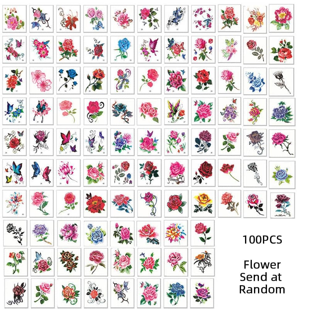 

100pcs Temporary Tattoo Stickers Flowers Cat Arms Feet Tattoo Colorful Body Art Waterproof Rose Fake for Kids and Women