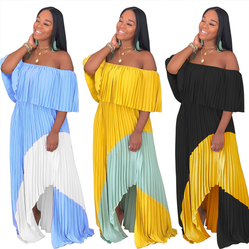 

Women sexy maxi dresses summer one shoulder ruffled dresses short sleeve long skirt hot sale casual fashion loose dress plus size 840, Mixed color