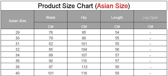 Mens Shorts Size Chart