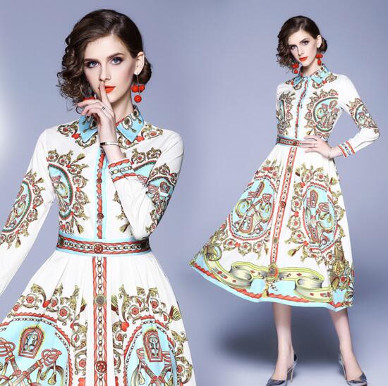 

New Print Temperament Long Sleeve A-Line Skirt, As the picture