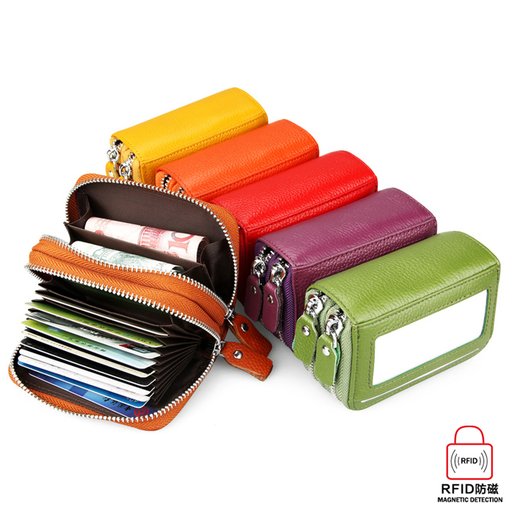 

Unisex RFID Blocking Double Zipper Short Wallets Genuine Leather Coin Purses Card Slots Money Pocket Pouchs Cowhide Organ Wallet Gifts, 11 colors for choice