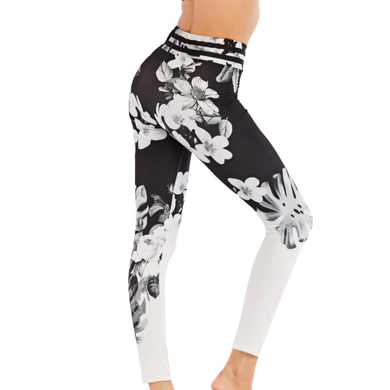 

Women' Popular Flower Floral Printed Casual High-Waist Slim-Fit Comfortable Quick-Dry Sports Gym Yoga Pants, Black and white