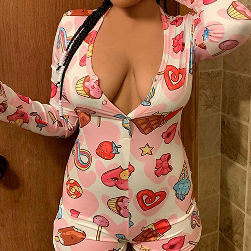 

Funny Patterns Deep V Bodycon Sleepwear Jumpsuit Button Bodysuit Shorts Romper Plus Size Sexy Onesie Pajamas For Adults Women, 10