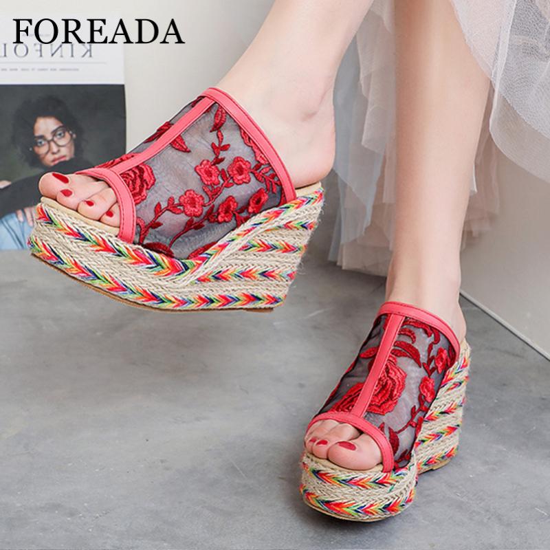 

FOREADA Woman Shoes Slides Flower Extreme High Heels Espadrille Platform Wedges Heel Slippers Fashion Cutouts Ladies Sandals 46, Black polka dot