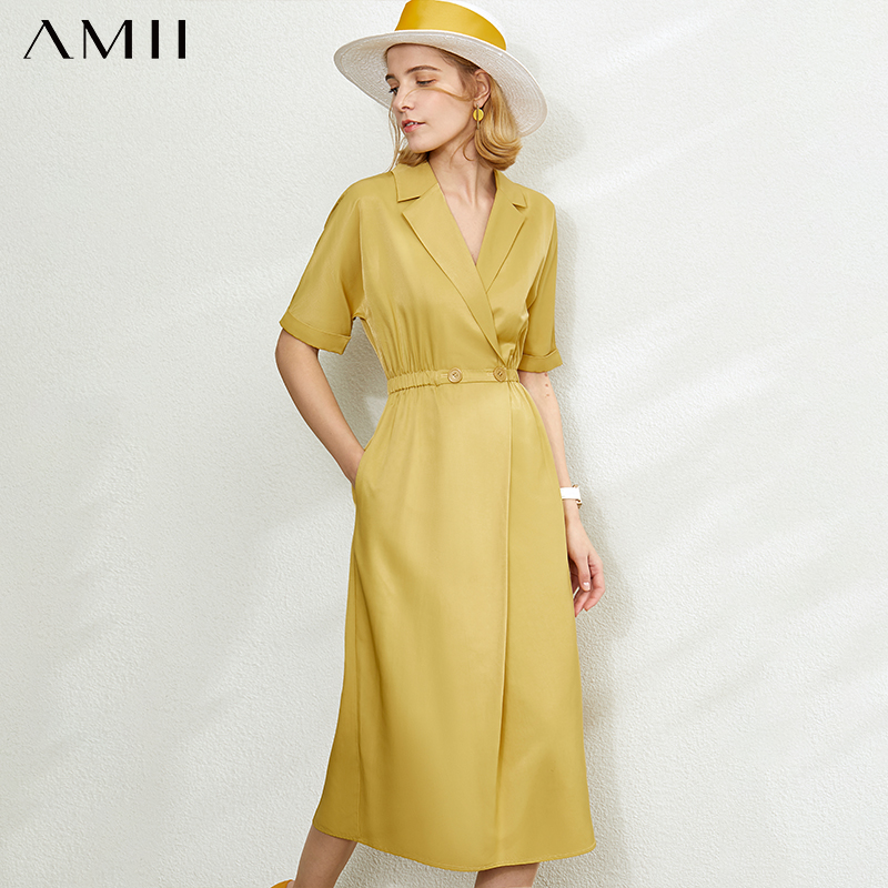 

AMII Minimalism Spring Summer Fashion Lapel Solid Women Dress Causal Elastic Waist Half Sleeve Calf-length Female Dress 12020076, Yellow