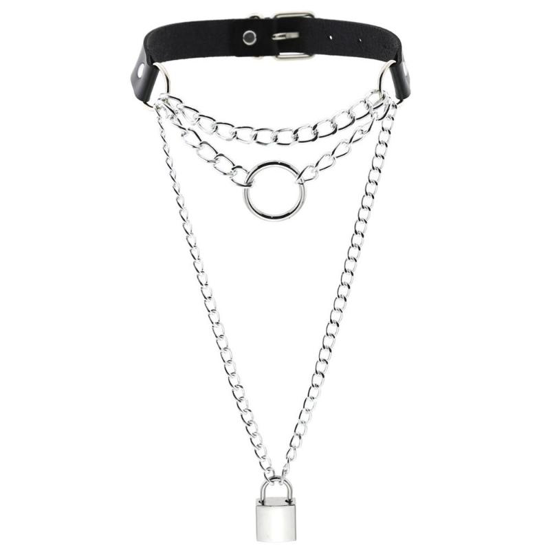 

Gothic Lock Round Chain necklace choker collar goth padlock pendant necklace women black leather emo kawaii witch rave jewelry
