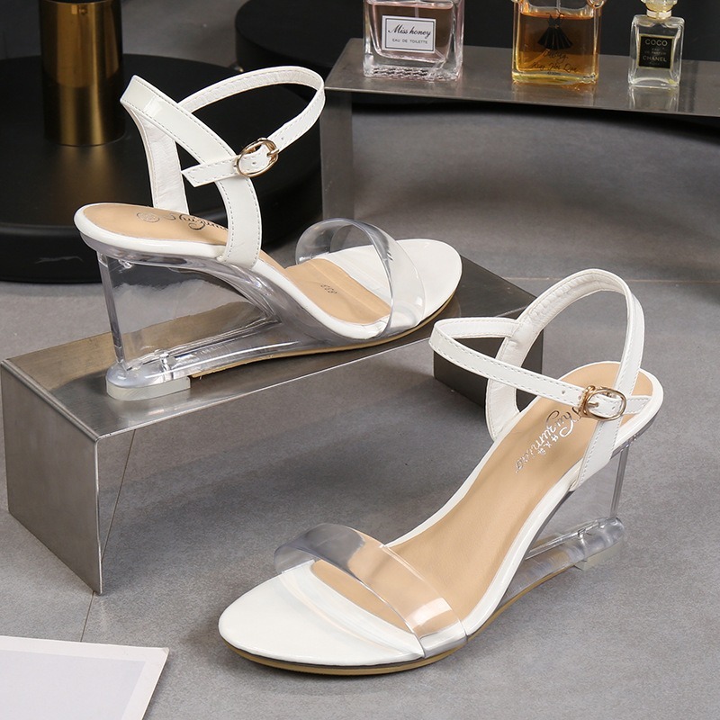 

Women Shoes Summer New Sexy Crystal Transparent High Heels Buckle Wedge Sandals Party Sandals High Heels Women 34-43, Black