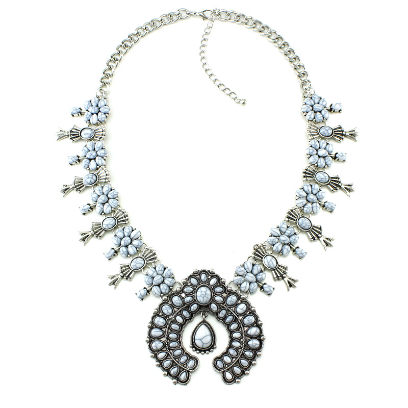 

Classic vintage turquoise Flower Necklaces women Statement Pendant Necklace Latest bohemian Squash Blossom clavicle chain Xmas gif
