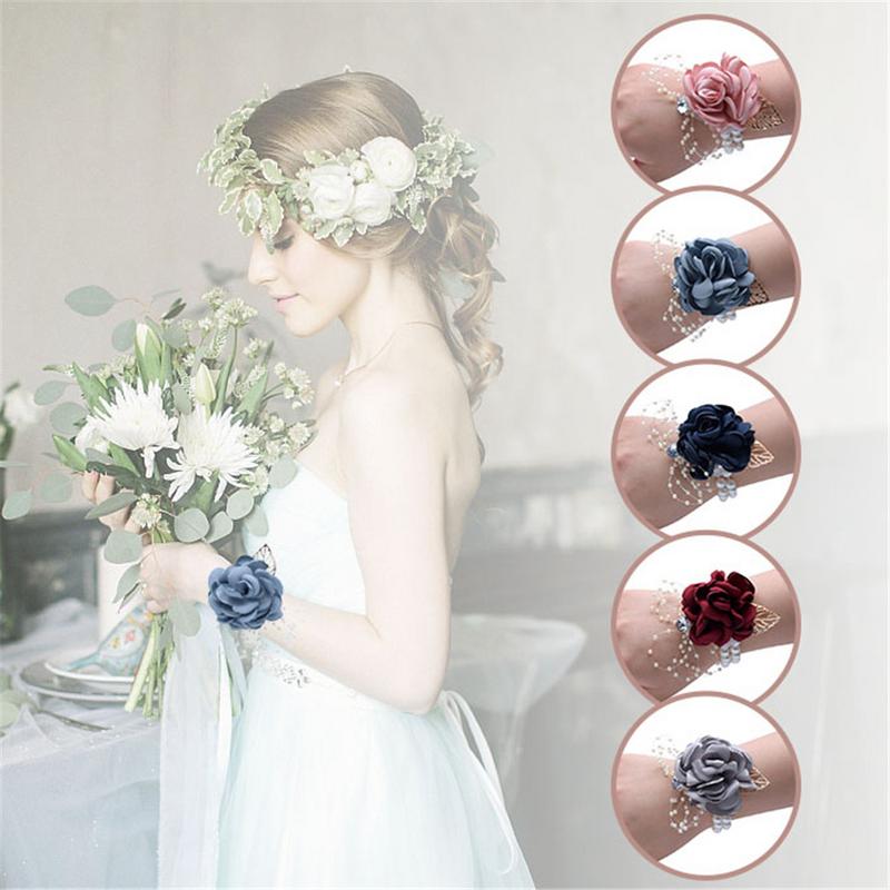 

AUGKUN 1PC Wrist Flower Brooch for Bride Bridesmaid Sister Group Wedding Supplies Children Dance Holding Flower, Green