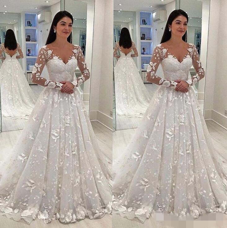 

2020 3D Floral Applique Wedding Dresses A Line Lace V Neck Long Sleeves Sweep Train Sheer Custom Made Chapel Wedding Bridal Gown, Beige