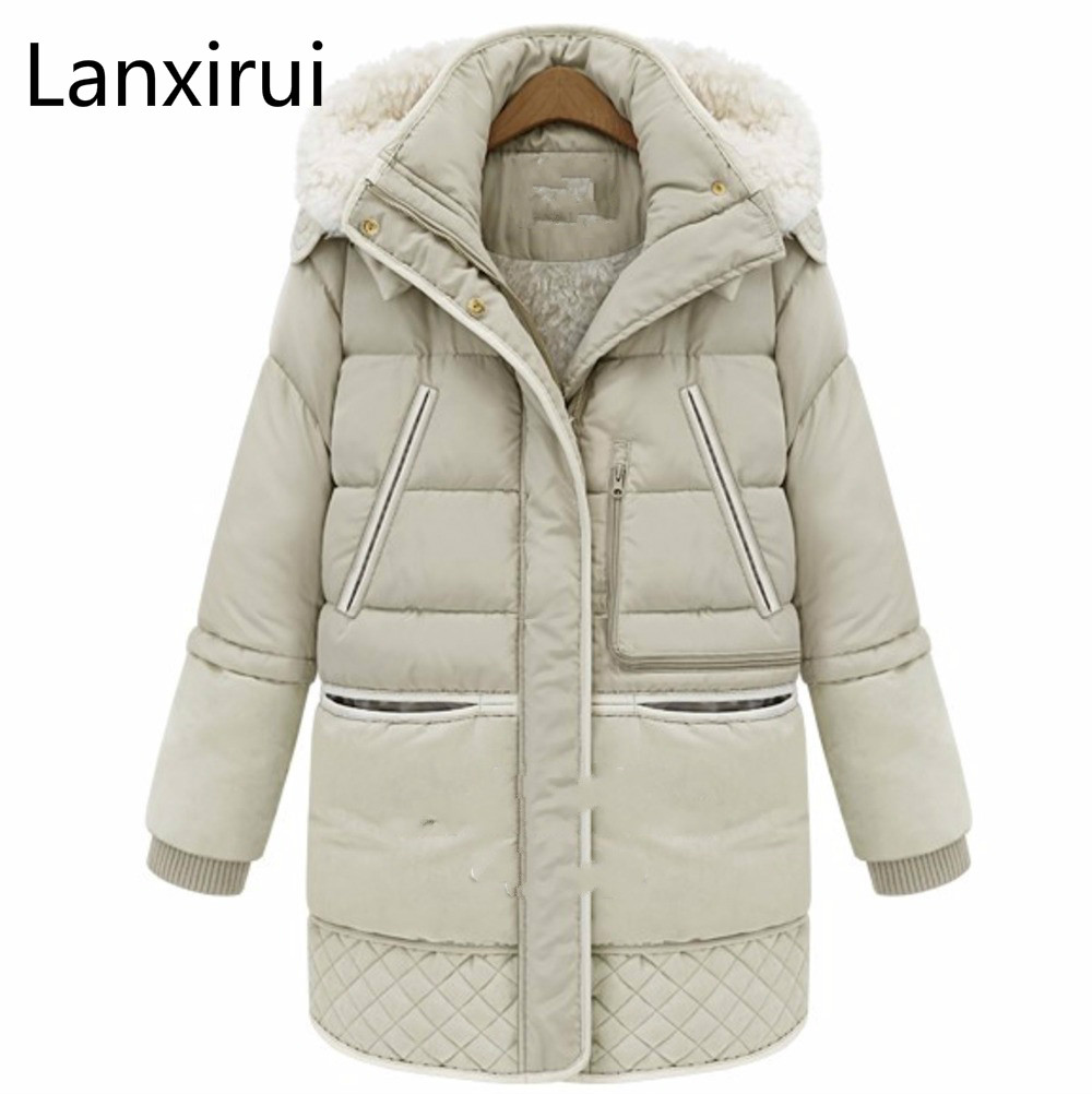 

Autumn And Winter Woman Down Coat Women Hooded Artificial Lamb Wool Jackets Zipper Warm Long Coats White Duck Down Coats, Beige